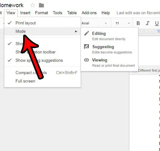 how to switch viewing modes in google docs
