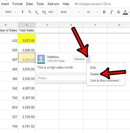 how to delete a comment in google sheets