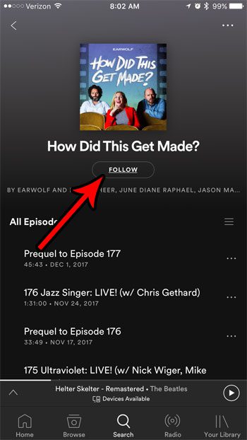how to follow podcast spotify iphone