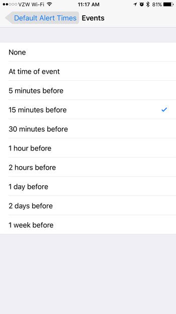 how to set the default alert time for the iphone calendar