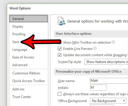 click the save tab in word options
