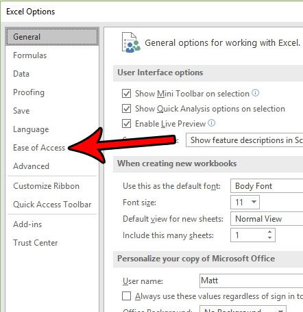 open the ease of access menu in excel 2016