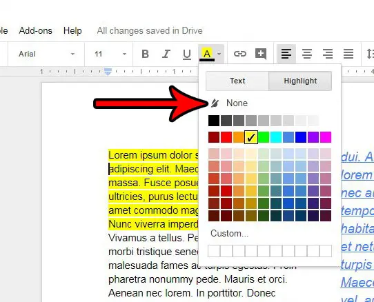 how to remove text highlighting color google docs