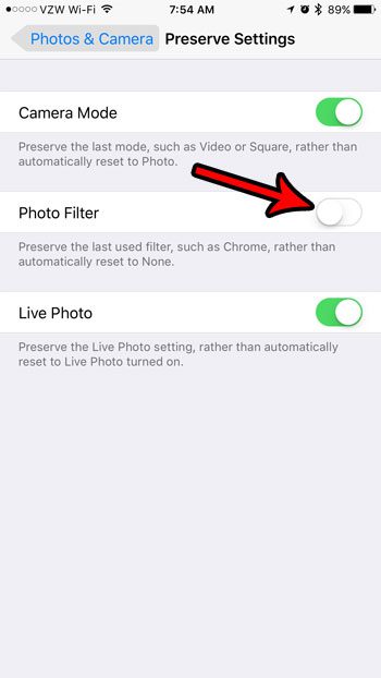 how to stop remembering the filter on the iphone 7 camera
