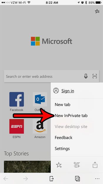 create a new inprivate browsing tab