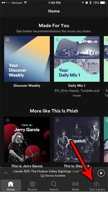 choose the spotify your library tab