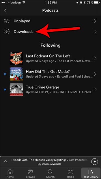 select downloaded podcasts