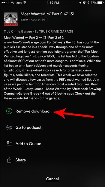 cómo eliminar el episodio de podcast descargado de Spotify en el iPhone