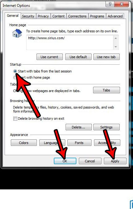 how to restart internet explorer with tabs from last session