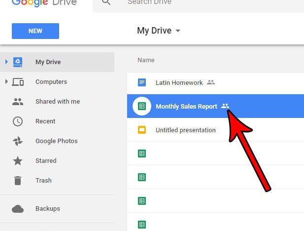 select a shared file in google docs