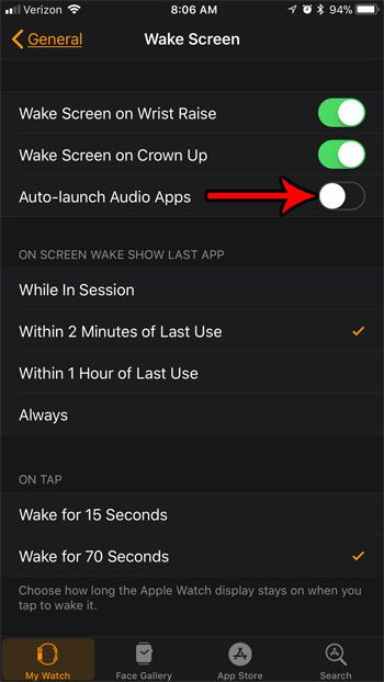 how stop auto launching audio apps apple watch