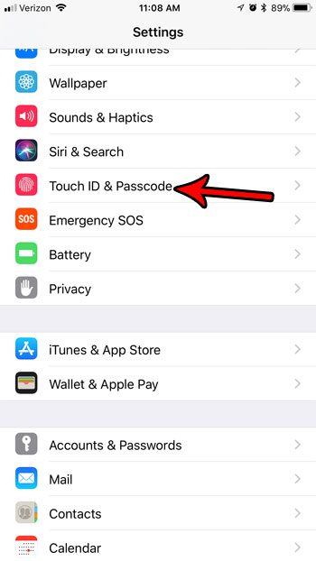 touch id and passcode menu