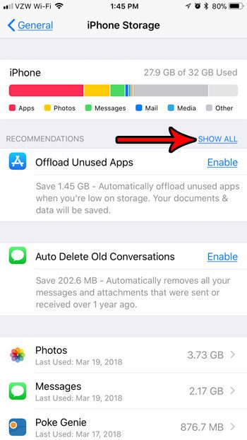 show all recommendations for saving space on iphone