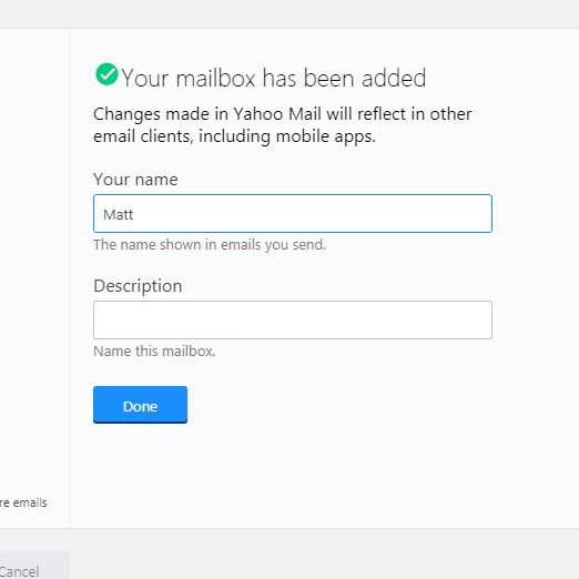 enter name and description for new account in yahoo mail