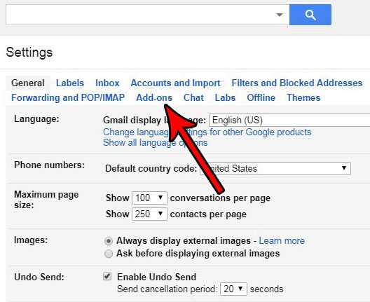 choose the add ons tab in gmail settings