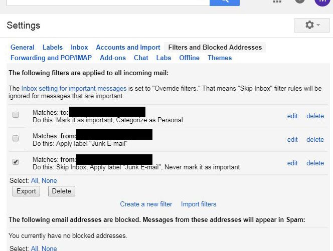 how to delete an existing gmail email filter