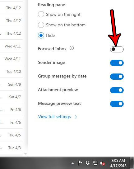 toggle the focused inbox in outlook.com email