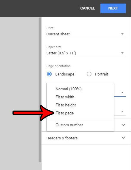 google sheets fit to page when printing