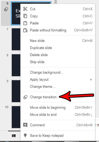 how to delete a transition from a google slides slideshow