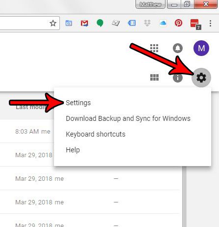 open the google drive settings menu