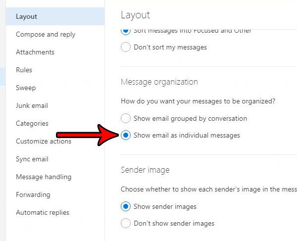 how turn off conversation view outlook.com
