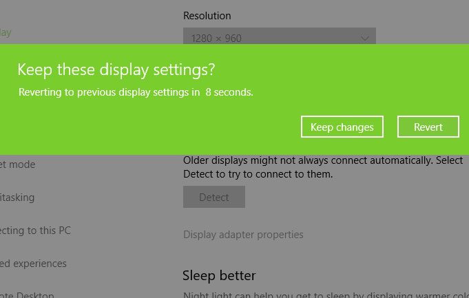 keep or revert changes windows 10 display