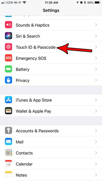 iphone touch id and passcode menu