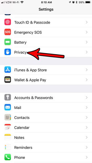 open iphone privacy menu