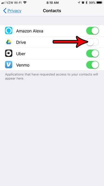 how to remove contact permissions for an iphone app