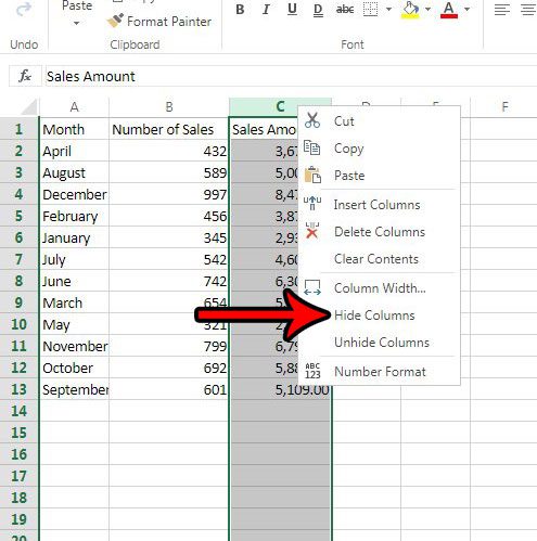 cómo ocultar una columna en Excel en línea