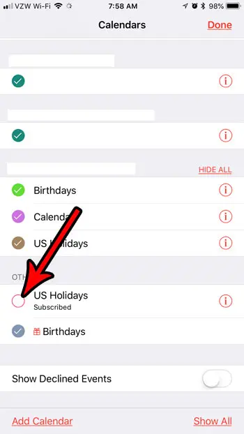 cómo ocultar los días festivos en el calendario del iphone