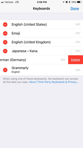 delete a language keyboard on an iphone