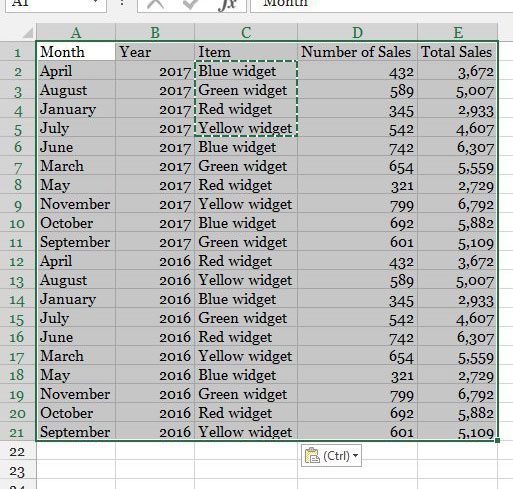 select the data for the table in excel 2013