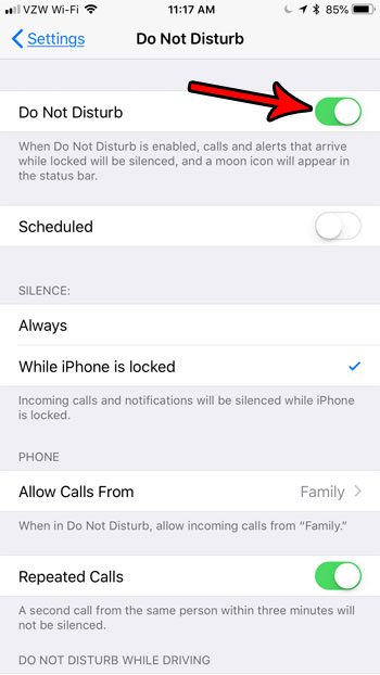 hwo to manually enable do not disturb on iphone