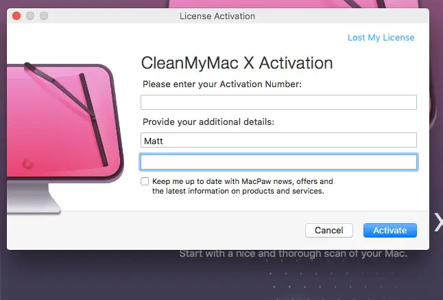 Immettere il numero di licenza CleanMyMac X