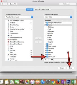 how to add the developer tab in excel for mac