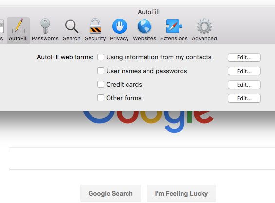 how to disable autofill in safari on a mac