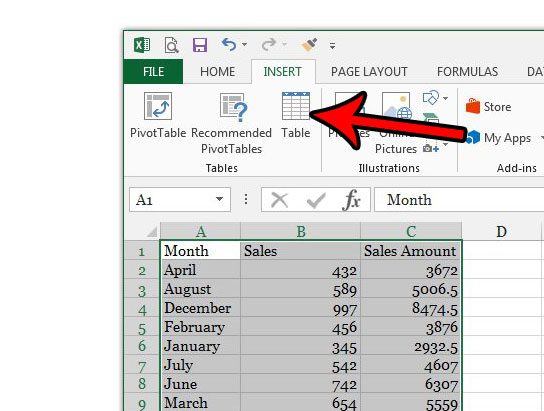 create a table in excel