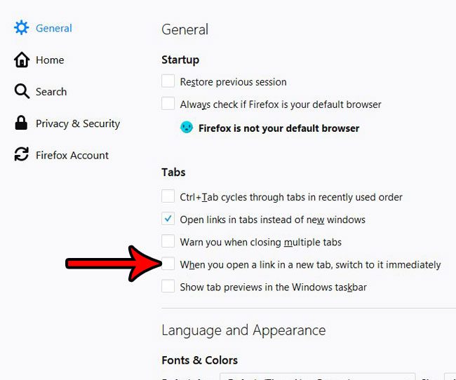 how to stop automatically switching to new tabs in firefox