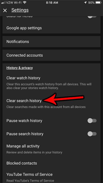 clear search history youtube account