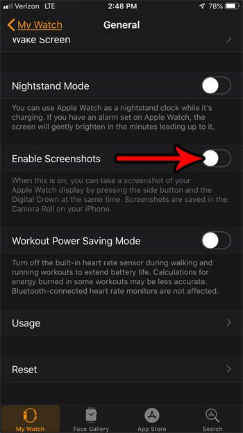 how to disable screenshots on apple watch