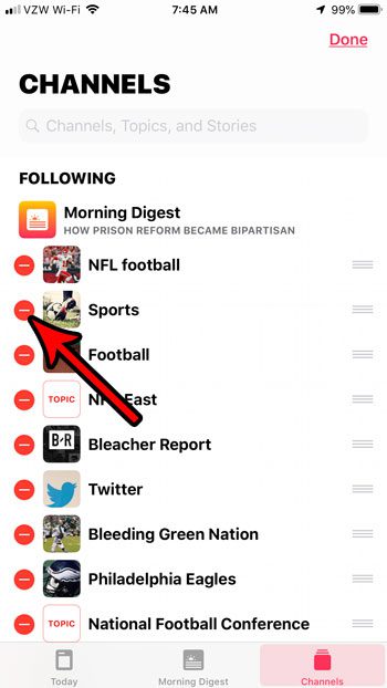 tap the red circle next to a channel that you want to delete