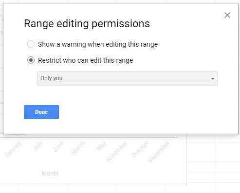 elegir permisos para el rango seleccionado en las hojas de Google