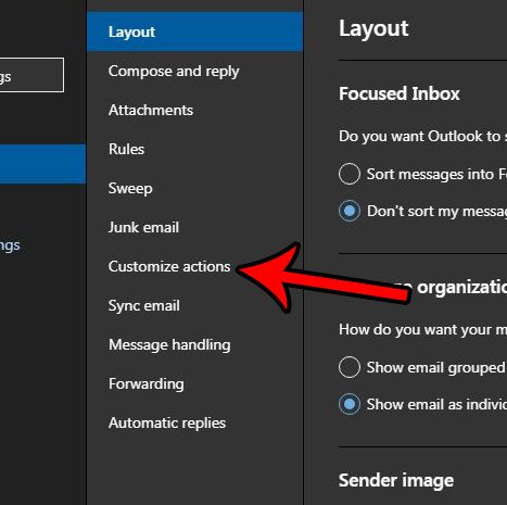 outlook.com customize actions
