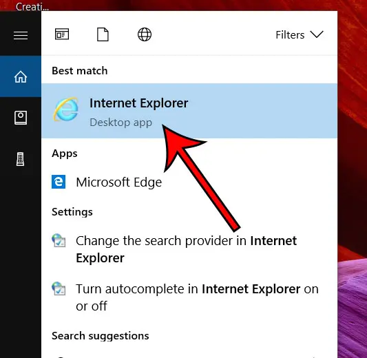 open internet explorer in windows 10