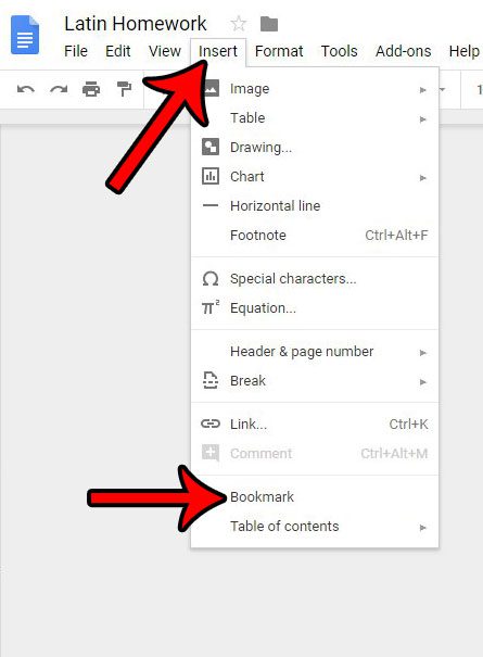 inserting a bookmark in google docs