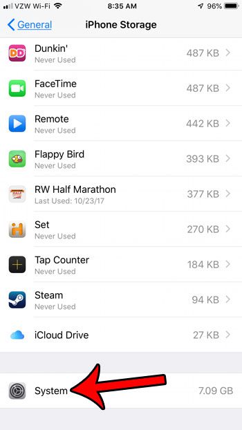 how much space is being used by iphone system files
