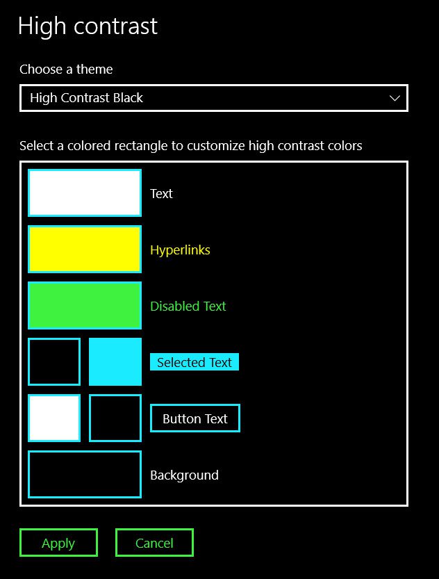 windows 10 high contrast mode options