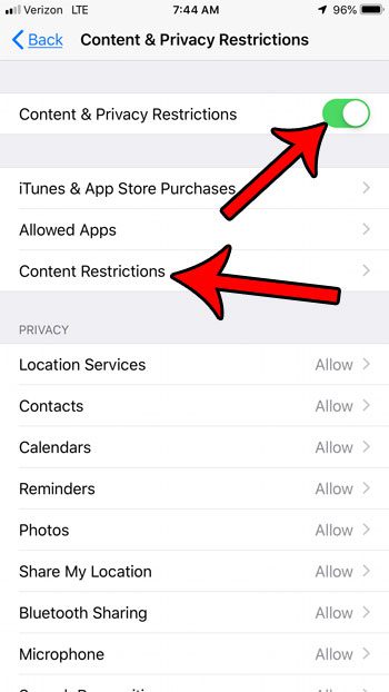 enable content restrictions on iphone