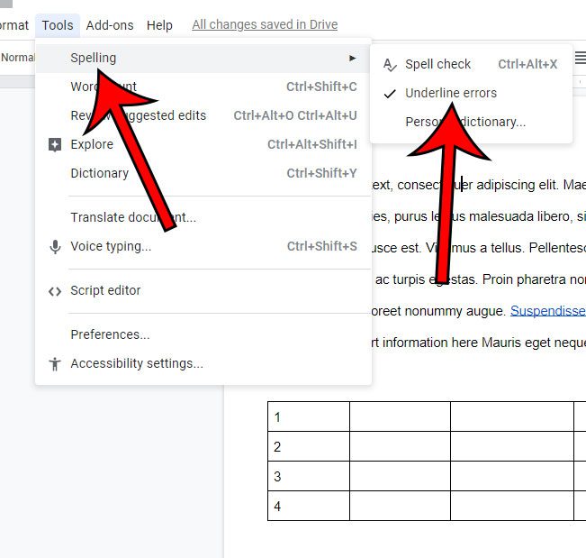 how to stop underlining spelling mistakes in google docs